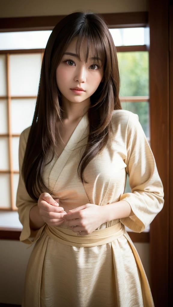 best quality, face focus, soft light, ultra high res, (photorealistic:1.4), RAW photo,
1japanese girl, solo, cute, (pupil, lights in the eyes), detailed beautiful face, (small chest),(high resolution detail of human skin texture),
(long hair),
indoor,
Damask Shirt Dress,
(portrait)