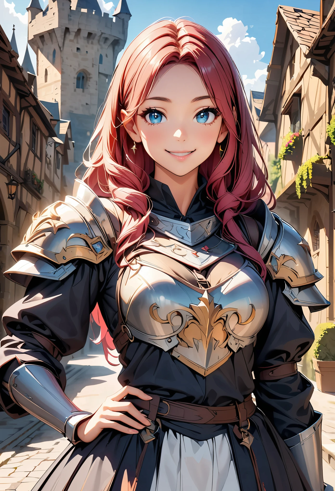 Woman with colored hair and detailed armor in medieval paladin dress, Beautiful detailed eyes, Beautiful detailed lips, Highly detailed eyes and face, Long eyelashes, Accurate Fingers, Are standing, smile, Medieval town with castle in the background, (masterpiece:1.2, Highest quality, 4K, 8K, Ultra-high resolution, Super detailed), (Detailed digital illustration, Anime Style),