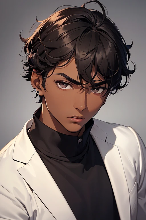 (alone boy), (1 boy), (16 year old ager), (average physical height of a 16 year old teen), (height 1.80), (young man), (short curly black hair), ( dark skin clay5:1.5),(Face Shape: Oval), (- Skin: Light brown skin tone), (- Hair: Short, curly style, dark color) (- Forehead: Wide and slightly high) (- Eyes: Large, with discreet eyebrows) (- Nose: Medium, slightly wide) (- Mouth: Medium sized lips) (- Ears: Visible, medium size) , (- Chin: Soft, slightly rounded), (- Facial Expression: Neutral, slightly serious) (- Special Instructions: Add a cartoonish touch by slightly exaggerating facial proportions, especially the eyes and chin, while maintaining a friendly appearance.), (Wearing), +, (stylish black pants and stylish black jacket), (facial features that resemble the person in the photo: round face, medium-sized brown eyes, thick eyebrows and medium hair, big nose) , (slightly plump lips), (wearing headphones)
