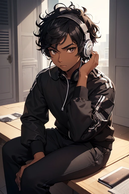 (alone boy), (1 boy), (16 year old ager), (average physical height of a 16 year old teen), (height 1.80), (young man), (short curly black hair), ( dark skin clay5:1.5),(Face Shape: Oval), (- Skin: Light brown skin tone), (- Hair: Short, curly style, dark color) (- Forehead: Wide and slightly high) (- Eyes: Large, with discreet eyebrows) (- Nose: Medium, slightly wide) (- Mouth: Medium sized lips) (- Ears: Visible, medium size) , (- Chin: Soft, slightly rounded), (- Facial Expression: Neutral, slightly serious) (- Special Instructions: Add a cartoonish touch by slightly exaggerating facial proportions, especially the eyes and chin, while maintaining a friendly appearance.), (Wearing), +, (stylish black pants and stylish black jacket), (facial features that resemble the person in the photo: round face, medium-sized brown eyes, thick eyebrows and medium hair, big nose) , (slightly plump lips), (wearing headphones)
