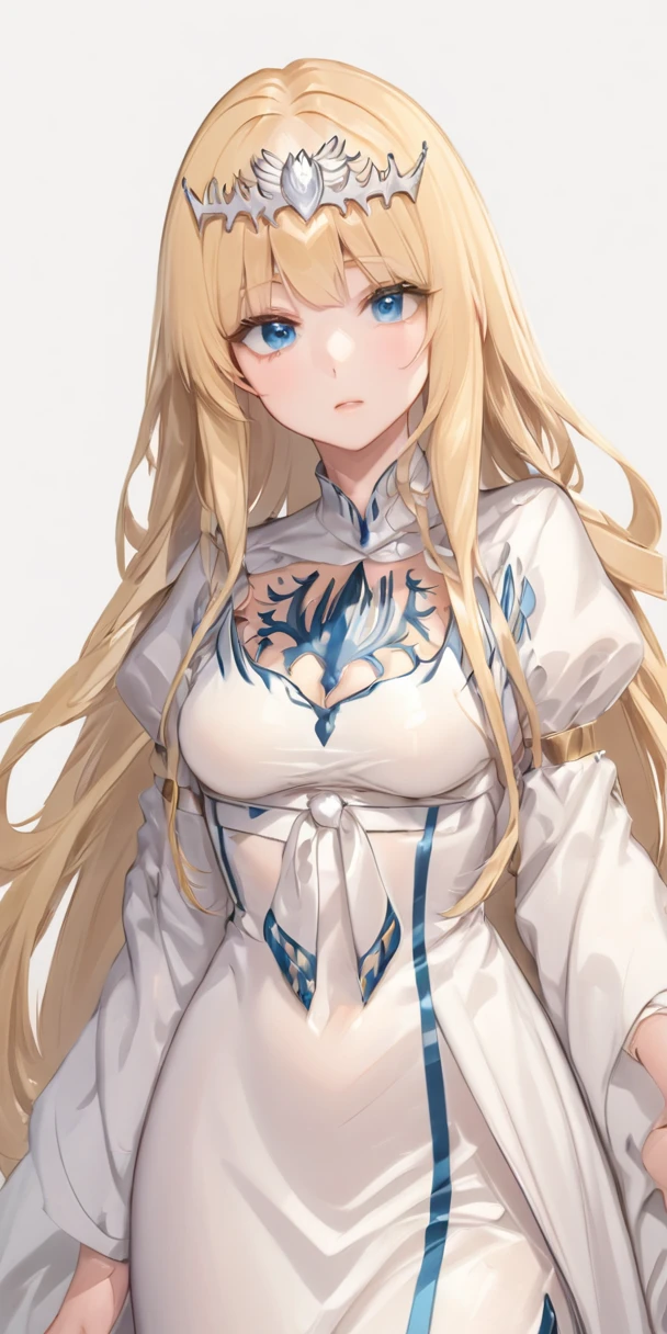 masterpiece,ultra-detailed,best quality,8K,illustration,simple background,,clean skin ,shiny hair,girl,ultra-detailed-eyes, jyojifuku, pajamas,wool,  1girl,solo, calca, blonde hair, ,( extremely long hair:1.3), very long hair, extra long hair, white tiara, white dress, blue eyes,Calca Bessarez, medium breast,Calca