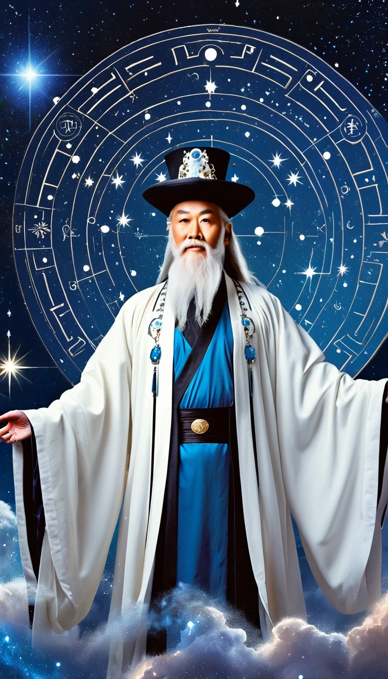 Oriental Fortune Teller,The old immortal on the top of the stars,Elders,White beard and long white eyebrows,Black loose hanfu robe,Wear a top hat,Open your arms,Looking at the stars,Galaxy Tai Chi Bagua Diagram,artistic conception,large quantities of,Runes,发光Runes和星星,Dark background