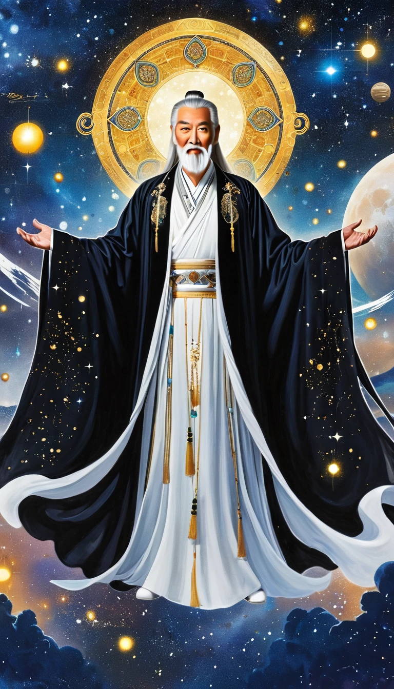 Oriental Fortune Teller，The old immortal on the top of the stars，Elders，White beard and long white eyebrows，Black loose hanfu robe，Wear a top hat，Open your arms，Looking at the stars，Galaxy Tai Chi Bagua Diagram，artistic conception，large quantities of，Runes，发光Runes和星星，Dark background
