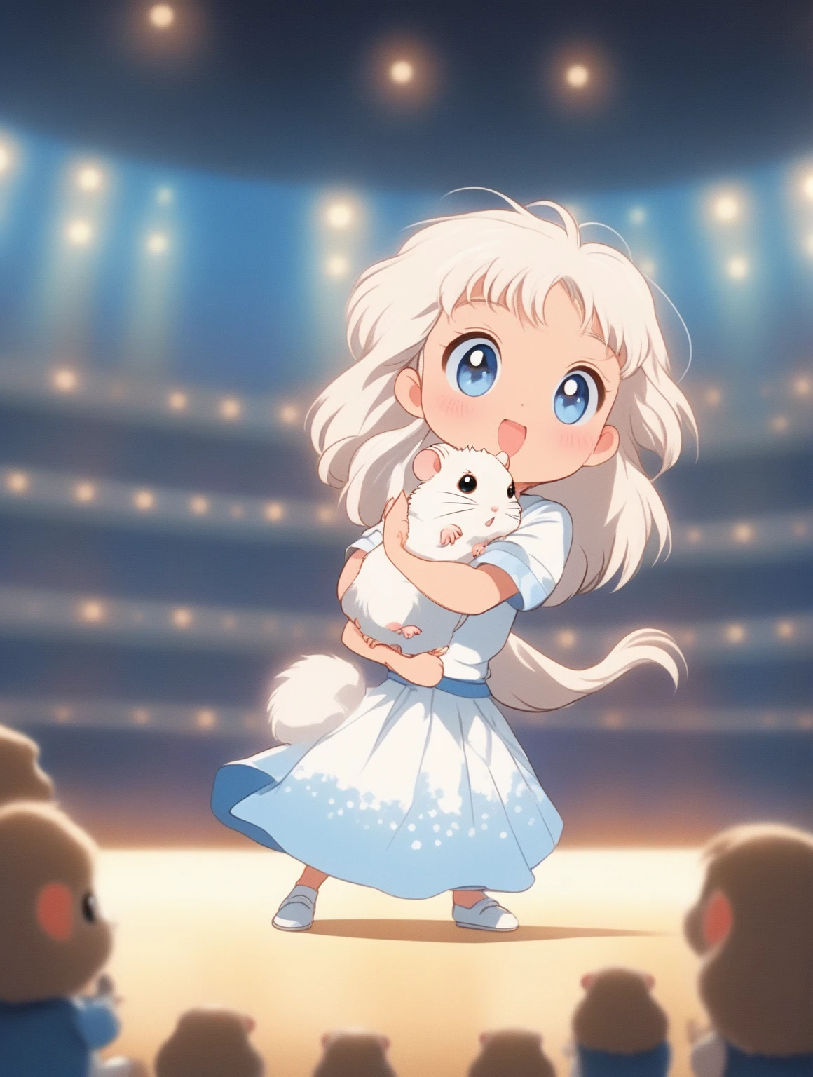A girl，Holding a cute little hamster，Facing the audience，Front view，Silver hair，blue eyes，Wearing a white skirt，HD，