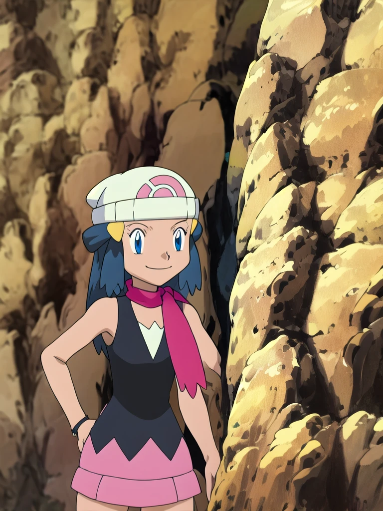 masterpiece, best quality, highres, 1girl, solo, dawn (pokemon), pink scarf, black shirt, pink skirt, hat, outdoors, bare shoulders,smile