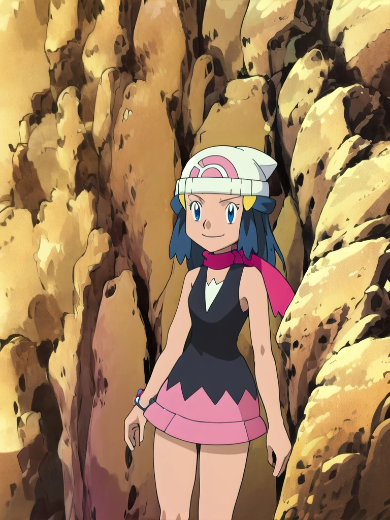masterpiece, best quality, highres, 1girl, solo, dawn (pokemon), pink scarf, black shirt, pink skirt, hat, outdoors, bare shoulders,smile