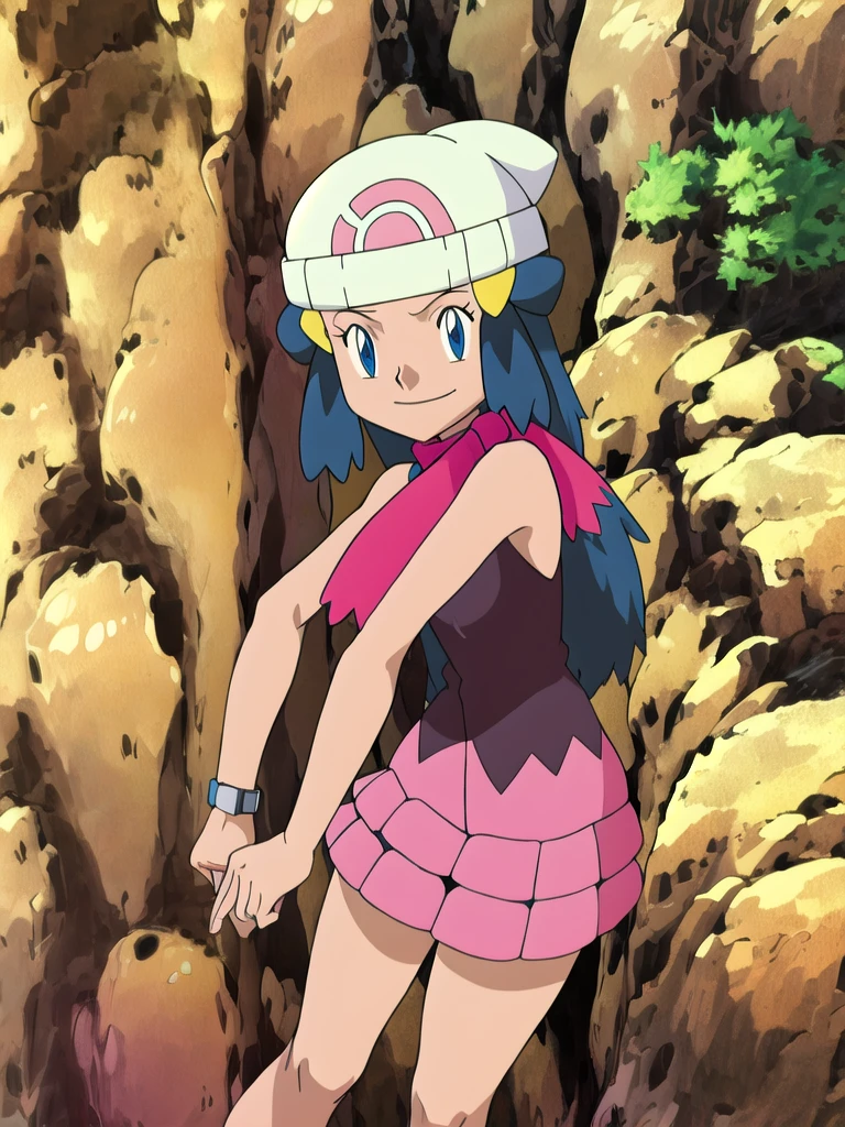 masterpiece, best quality, highres, 1girl, solo, dawn (pokemon), pink scarf, black shirt, pink skirt, hat, outdoors, bare shoulders,smile