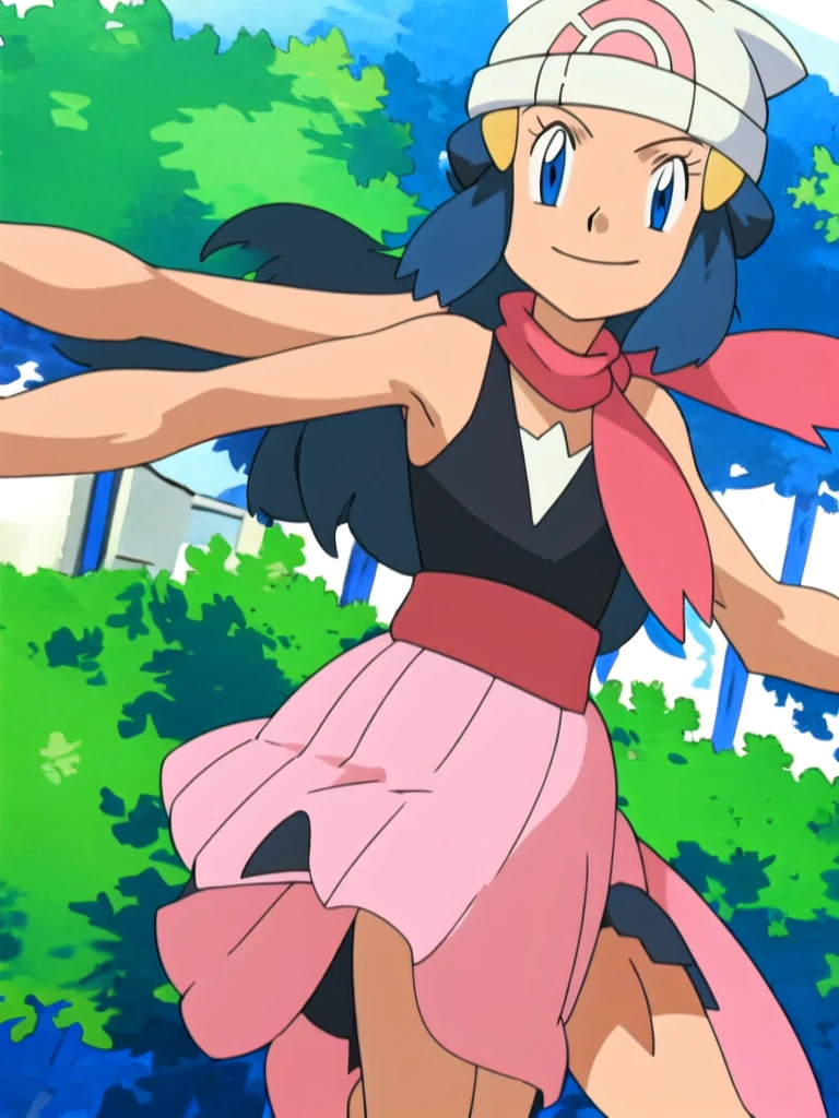masterpiece, best quality, highres, 1girl, solo, dawn (pokemon), pink scarf, black shirt, pink skirt, hat, outdoors, bare shoulders,smile
