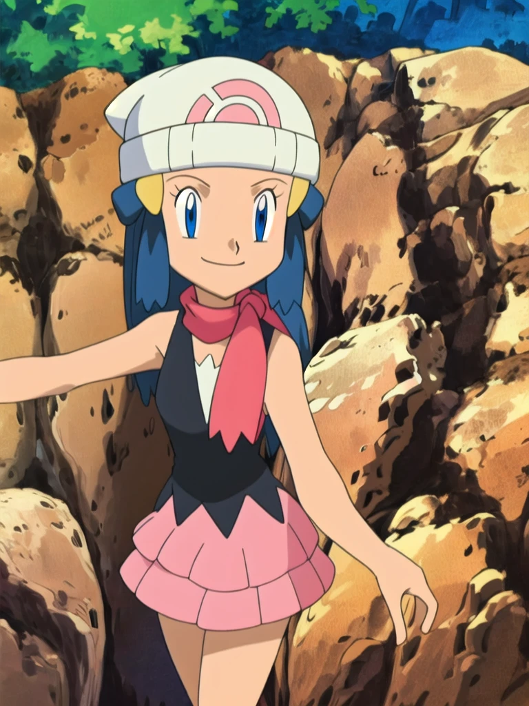 masterpiece, best quality, highres, 1girl, solo, dawn (pokemon), pink scarf, black shirt, pink skirt, hat, outdoors, bare shoulders,smile