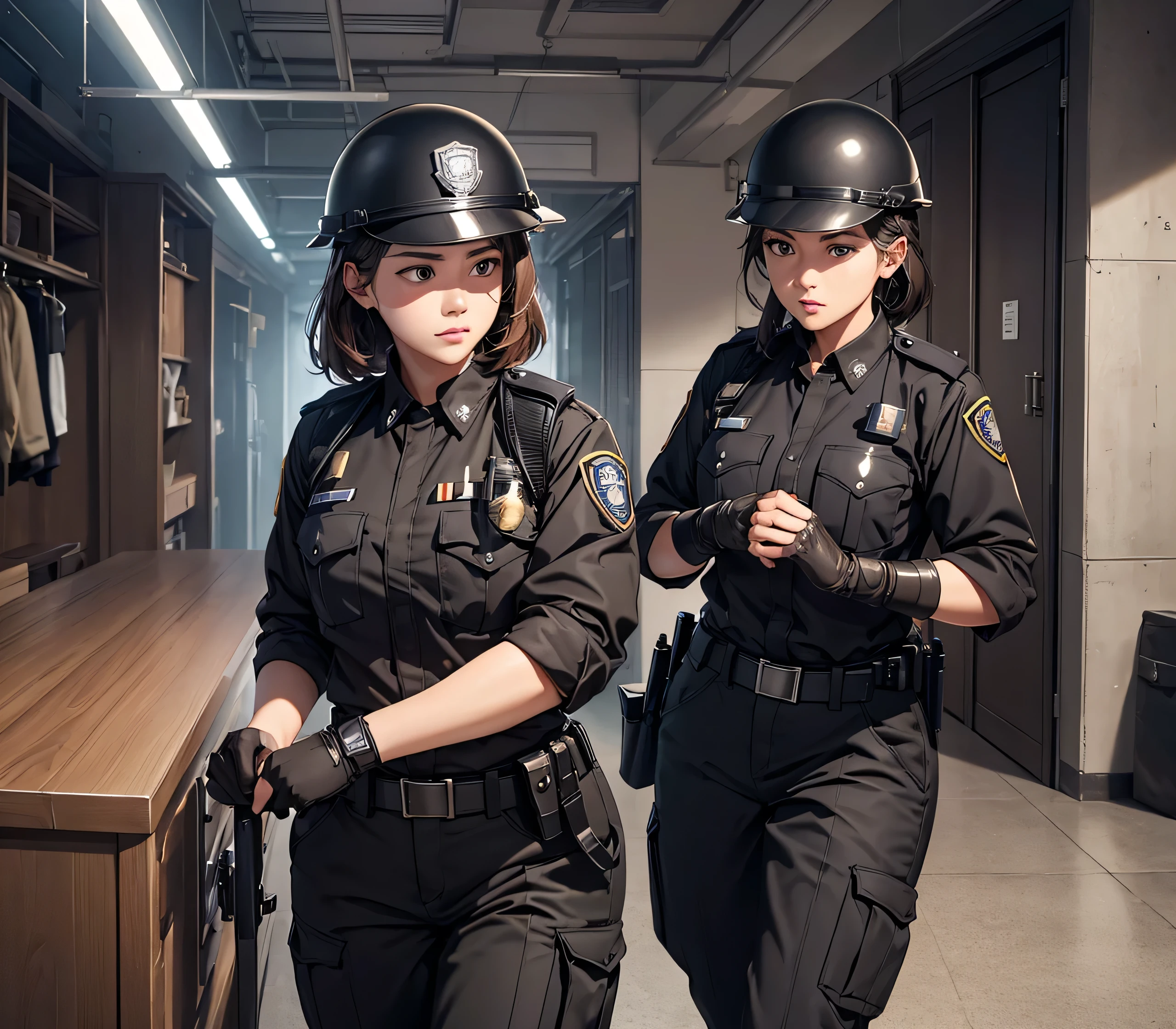 A group of female police officers in brown uniforms、Wear a steel helmet、Black belt、Interior corridors、masterpiece、best quality、Highly detailed CG、8K picture quality
