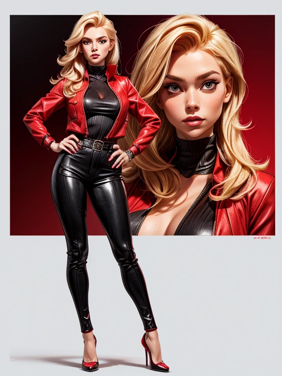 blonde woman with red hair, red and black clothes, full body, detailed face, sensual pose.
