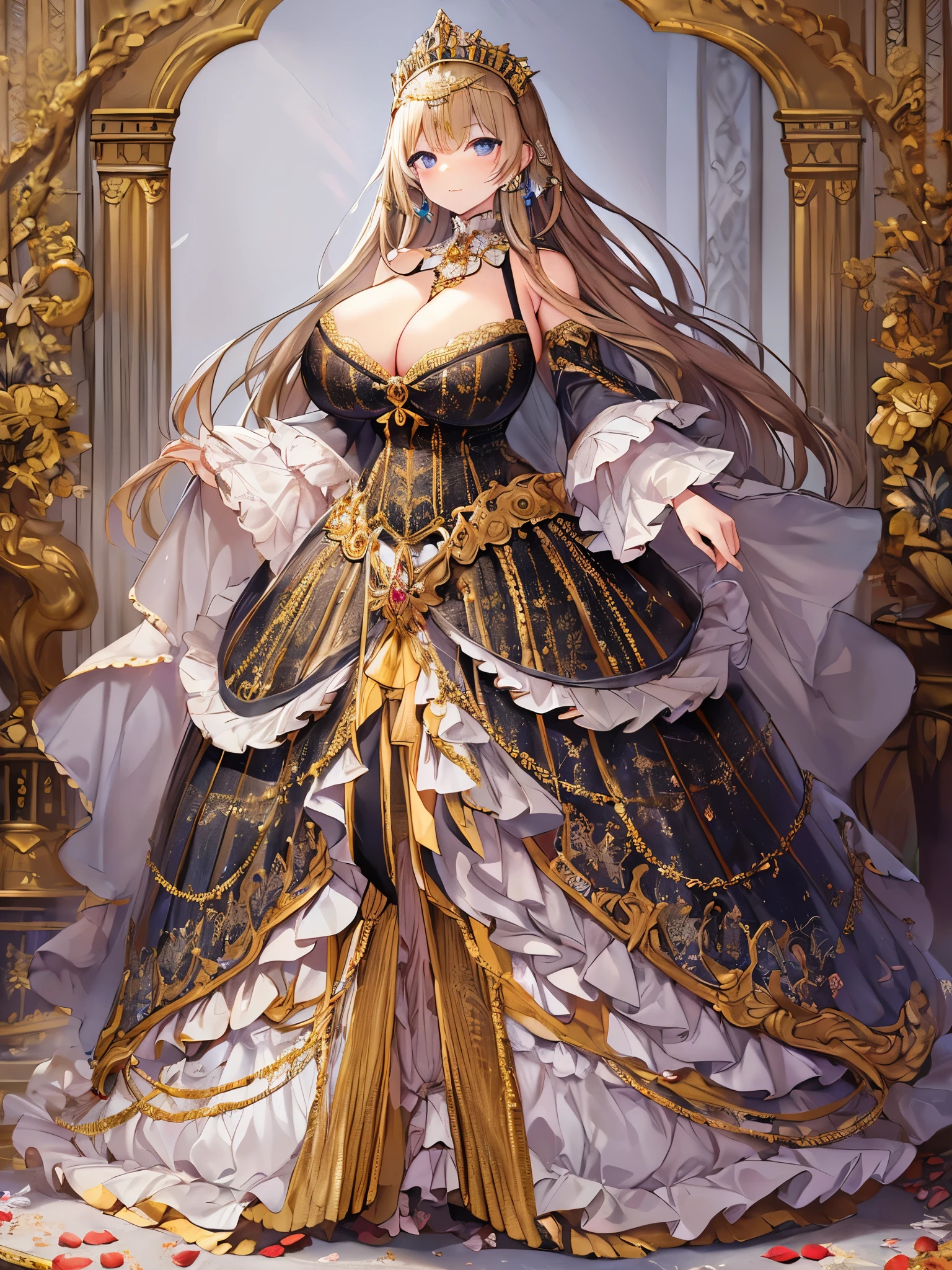 ((moe anime artstyle)),((Masterpiece)),(Best Quality),((Super Detail)),((Very Delicate and Beautiful)),Solo,full body,((full body portrait)),absurdly gigantic tits,(((1 bling-bling princess in beautiful embroidery and jeweled gorgeous rococo ballgown with voluminous full length crinoline hoop skirt))),((((absurdly gigantic tits,curvy)))),deep cleavage,Skindentation,(detailed face and eyes),jewel-like eyes,((crinoline,long train,beautiful embroidery and jeweled lace-trimmed crinoline rococo ballgown with voluminous full length crinoline hoop skirt)),super detailed voluminous gorgeous jeweled rococo ballgown with voluminous full length crinoline hoop skirt,((bling-bling voluminous gorgeous jeweled rococo princess ballgown with voluminous full length crinoline hoop skirt)),((absurdly long Straight hair)),extremely gorgeous hair ornament,((extremely gorgeous big tiara)),luxurious jewelry,((beautiful embroidery and jeweled gorgeous rococo ballgown with voluminous full length crinoline hoop skirt)),((absurdly gigantic tits)),standing pose,palace,Looking at viewer,full body