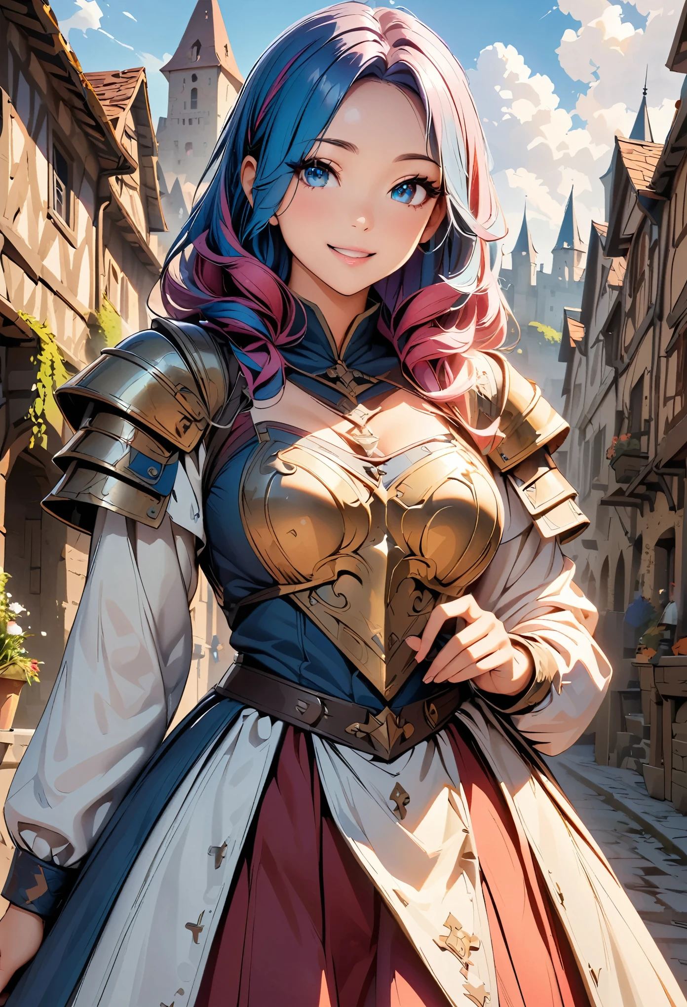 Woman with colored hair and detailed armor in medieval paladin dress, Beautiful detailed eyes, Beautiful detailed lips, Highly detailed eyes and face, Long eyelashes, Accurate Fingers, Are standing, smile, Medieval town with castle in the background, (masterpiece:1.2, Highest quality, 4K, 8K, Ultra-high resolution, Super detailed), (Detailed digital illustration, Anime Style),