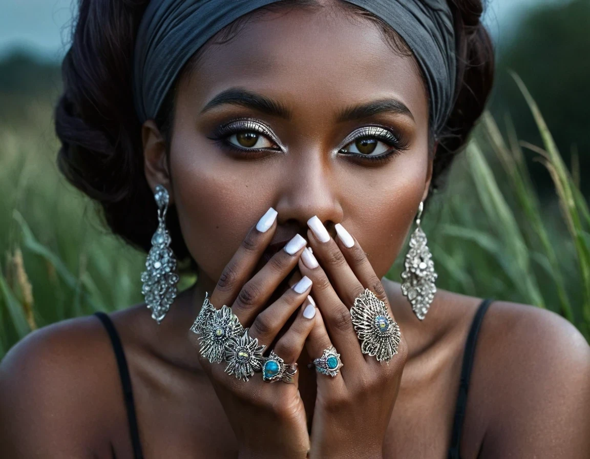 flowers, extremely detailed, colorfula haunting a mysterious puzzle of a lady, side glances to camera, from behind, face forwards, waist bend, dark skin, mixed cultures, staring intense, her hand adorned with silver elegant rings, artistic rings stunning, display each finger, skin metal contrast, attractive danger, she looks to us, see into your soul, good luck, high grasses, stylized dark clothing layers, dark room, moon light