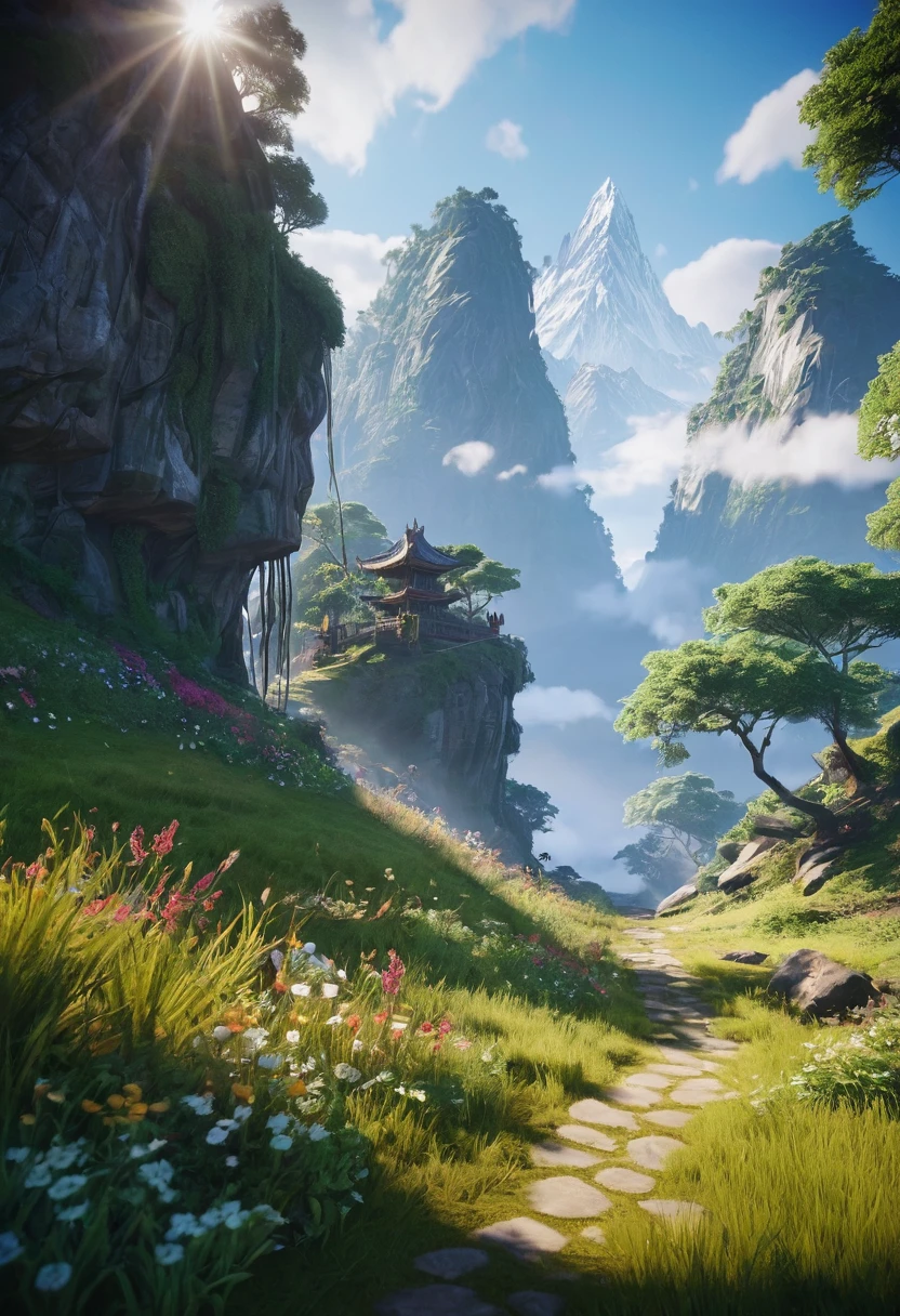 masterpiece, best quality, (Very detailed CG Unity 8k wallpaper) (best quality), (Best Illustration Award), (Best shadow) nature', Blue Sea,Delicate leaves and petals of various colors falling in the air ray tracing, Super detailed