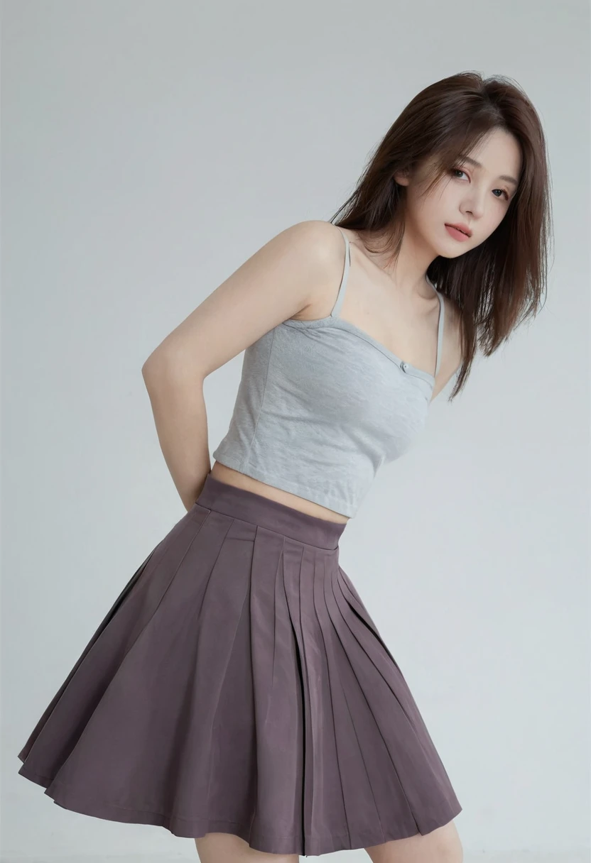 Embrace, 1 Girl, Solitary, Gray background, Medium breasts, skirt,