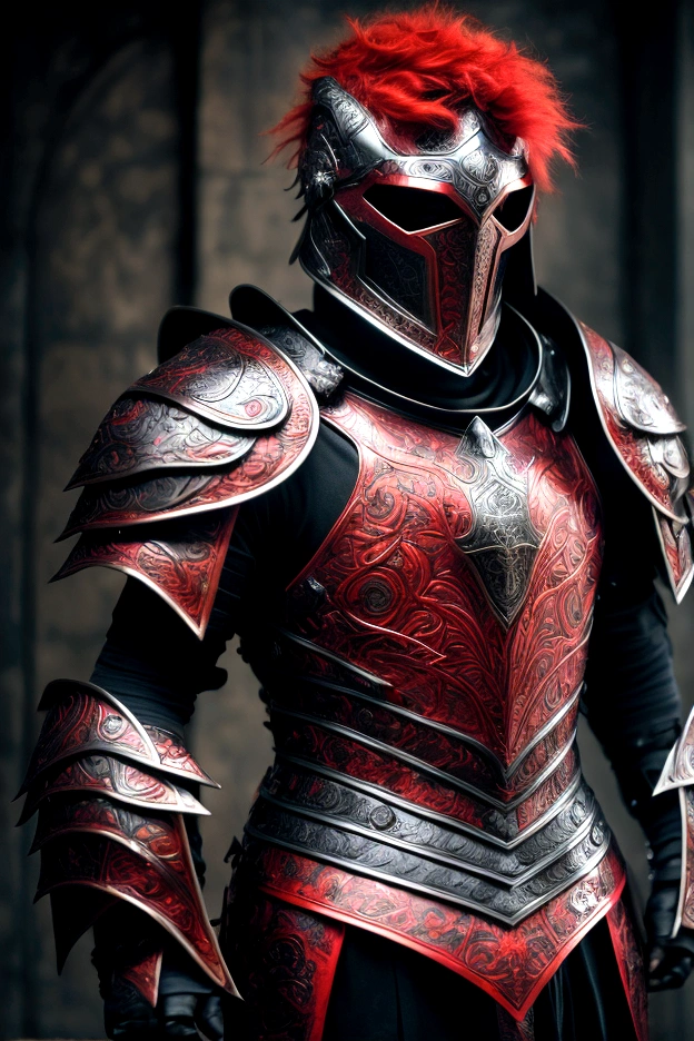 (masterpiece), best quality, boy, menacing boy, black obsidian armor, black obsidian helmet with red eyes, short bright red hair, glowing hair, eyes with a red aura, holding a black sword with a red aura, a red aura surges around him, His hair is rising from the red power, short hair, helmet around the entire head, obsidian armor, Aggressive patterns and bright reds on the black armor, a red aura around it