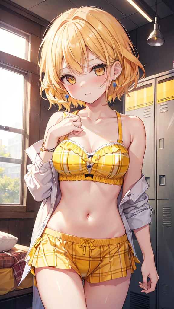 best quality, masterpiece, highres, solo, {nishikigi_chisato_lycorisrecoil:1.15}, short_hair, bangs, blonde_hair, red_eyes, hair_ribbon, bob_cut, 1girl, looking_at_viewer, parody, upper_body, surprised, bra, lingerie, panties, big , in shock, cafe, nude
