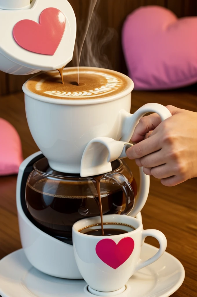 Would you like an image of a coffee maker pouring coffee into a cup with hearts in the air and the phrase " Café Pérola"?