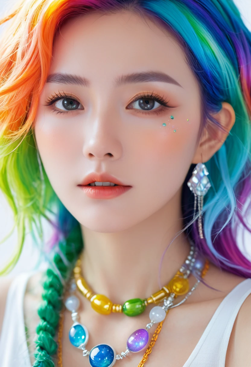 Close-up of a woman with colorful hair and necklace, anime girl with cosmic hair, soft vitality of Rossdraws, artwork in Guvez style, fantasy art style, colorful], vibrant fantasy style, Rossdraws cartoon full of vitality, universe and colorful, Guweiz, colorful digital fantasy art, stunning art style, beautiful anime style, white skin, Hulk clothes