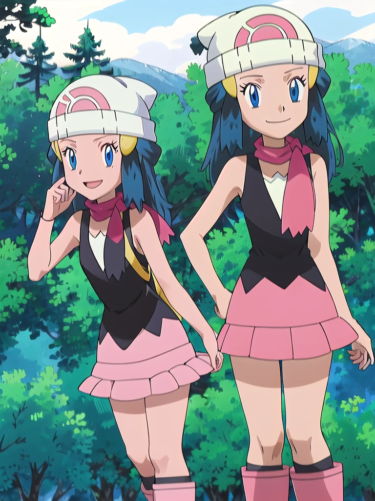 masterpiece, best quality, 1girl, dawn \(pokemon\), beanie, long hair, blue hair, blue eyes, black sleeveless shirt, pink scarf, pink skirt, pink boots, smile, looking at viewer, forest background