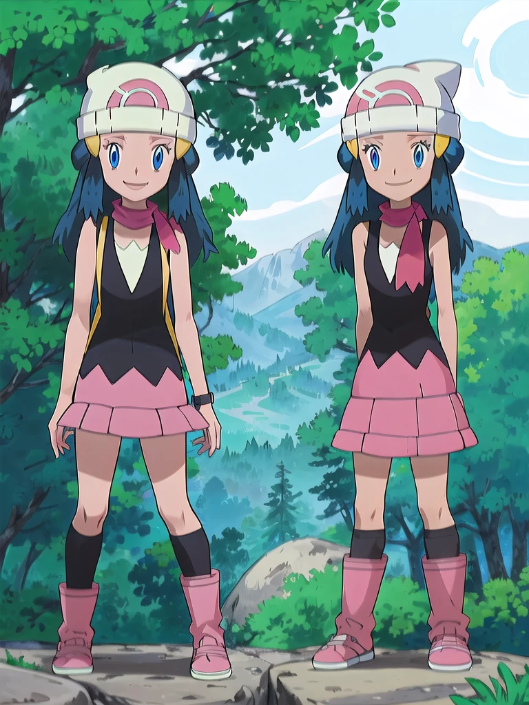 masterpiece, best quality, 1girl, dawn \(pokemon\), beanie, long hair, blue hair, blue eyes, black sleeveless shirt, pink scarf, pink skirt, pink boots, smile, looking at viewer, forest background 