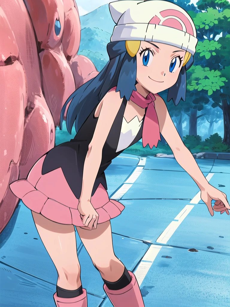 masterpiece, best quality, 1girl, dawn \(pokemon\), beanie, long hair, blue hair, blue eyes, black sleeveless shirt, pink scarf, pink skirt, pink boots, smile, looking at viewer, forest background 