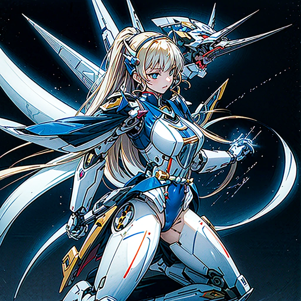 masterpiece, high quality, Heian Sumire, who has been turned into a mechanical body cyborg、Gynoid cyborg body modification surgery、Blue and white leotard armor、独奏、Single image、from front, full body、Mechabare、Sexual processing type mechanized genitals、Black background