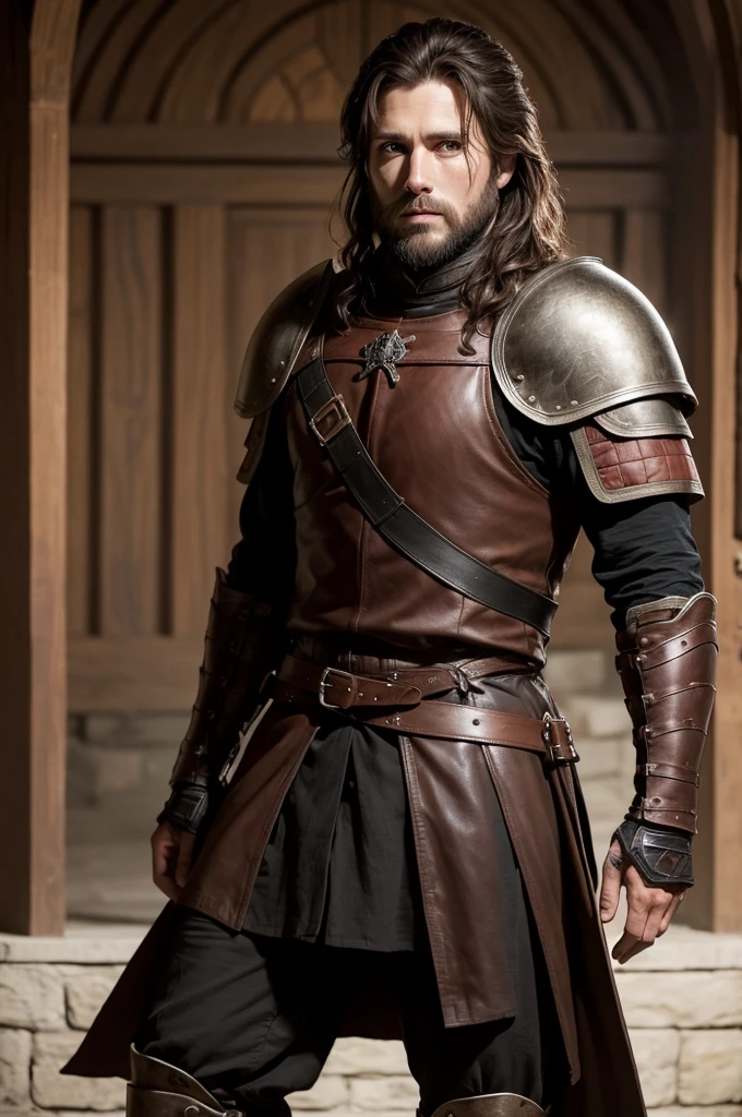 30 year old young man, brownhair, brown beard, black leather armor, layer, Red crest of House Blackwood from Game of Thrones, sword in the back