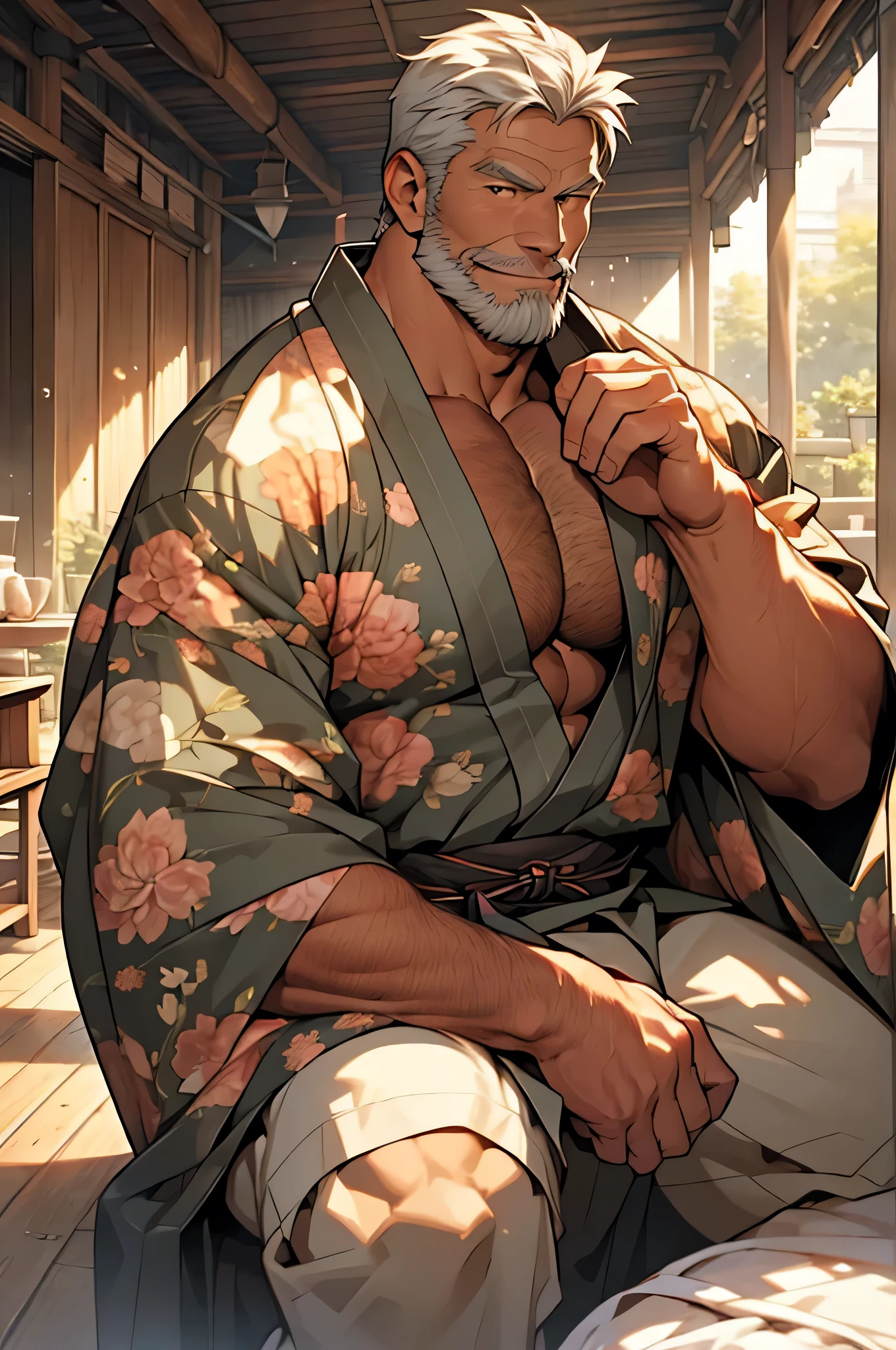 male, (full nude, red yukata), erecton upward, penis, handsome, muscular, hairy, blush, ashamed, cumshot, middle aged man, Sitting on the floor, realistic, night, daddy, delicate eyes, hairy legs, daddy, hairy leg, smirk, rough handjob