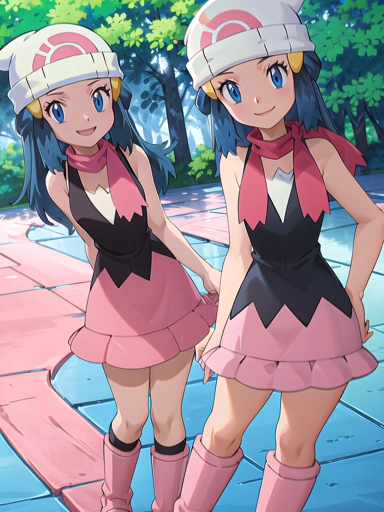 masterpiece, best quality, 1girl, dawn \(pokemon\), beanie, long hair, blue hair, blue eyes, black sleeveless shirt, pink scarf, pink skirt, pink boots, smile, looking at viewer, forest background 