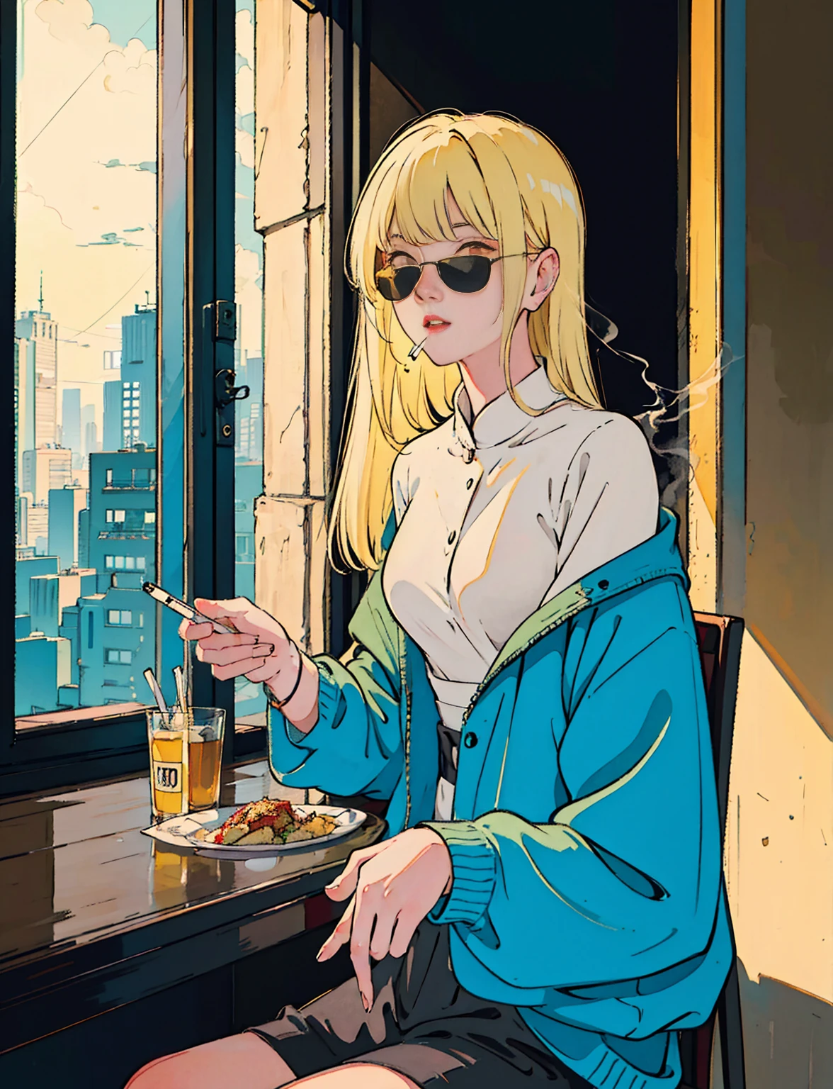 Beautiful blonde Asian girl sitting in a restaurant at night,, Visible from the window, Perfect Face, sunglasses, Smoking white Taylormade cigarettes, Neon Black, (Backlit: 1.1), Hard Shadows, masterpiece, Highest quality, Complex, Model shooting style, Vintage, Film Grain, Incomplete details