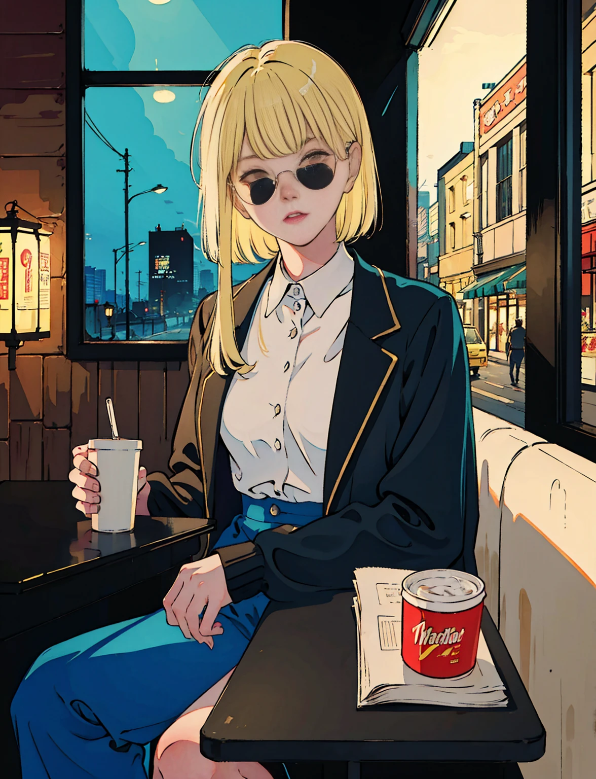 Beautiful blonde Asian girl sitting in a restaurant at night,, Visible from the window, Perfect Face, sunglasses, Smoking white Taylormade cigarettes, Neon Black, (Backlit: 1.1), Hard Shadows, masterpiece, Highest quality, Complex, Model shooting style, Vintage, Film Grain, Incomplete details
