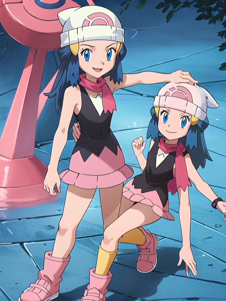 masterpiece, best quality, 1girl, dawn \(pokemon\), beanie, long hair, blue hair, blue eyes, black sleeveless shirt, pink scarf, pink skirt, pink boots, smile, looking at viewer, forest background
