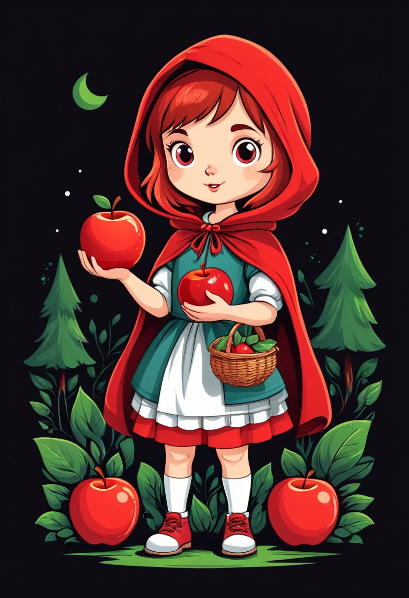 Advertising poster style of little red riding hood with an apple in his hands, t shirt design, flat-colors, vector, ((black backdrop)) . proffesional, moderno, Product focus, Commercial, appealing, highy detailed