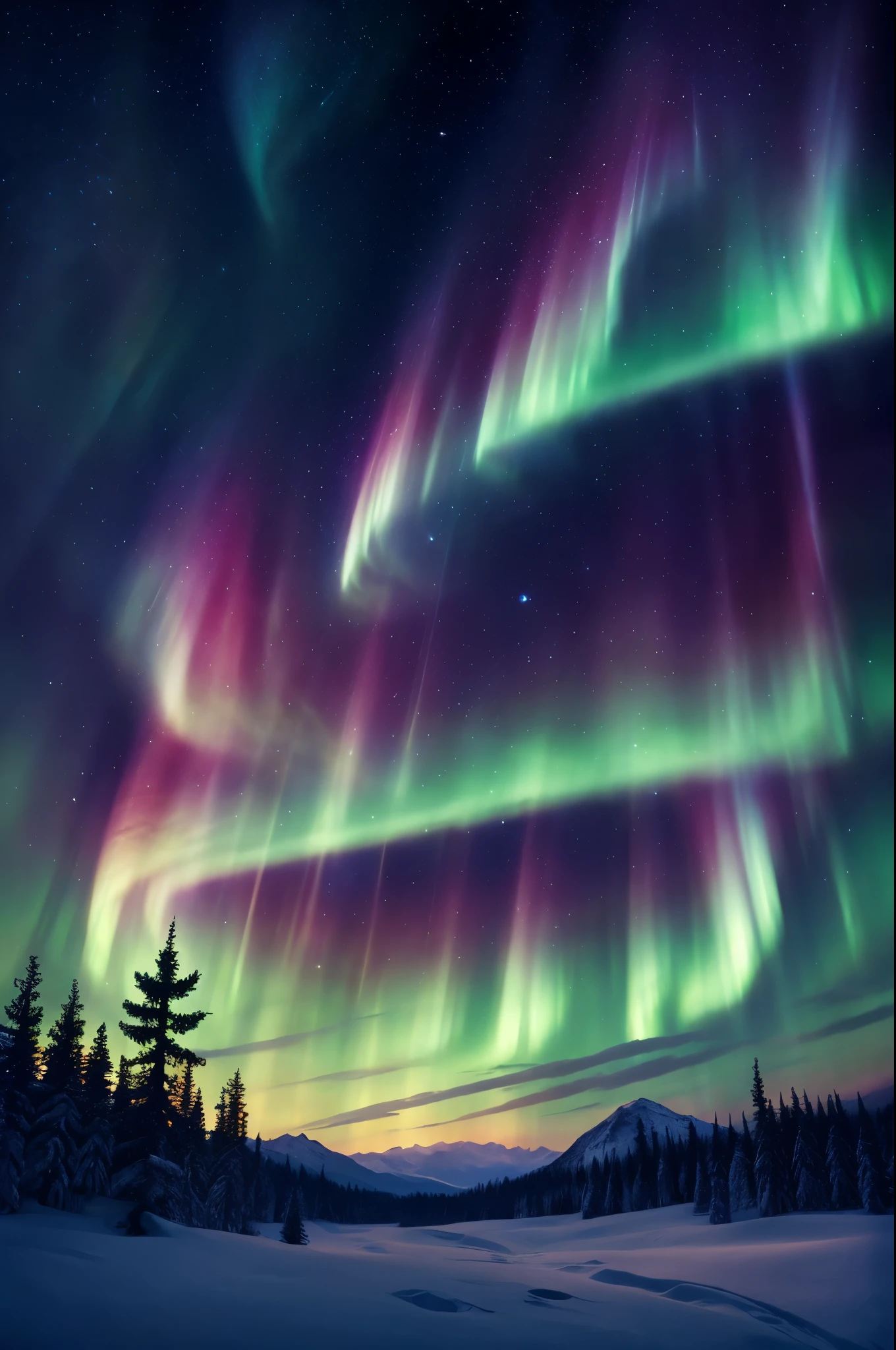 (masterpiece:1.3), (best quality:1.1), (8k, ultra detailed, ultra high res:1.2), anime style, aurora, Fantastical Aurora Display, forest,