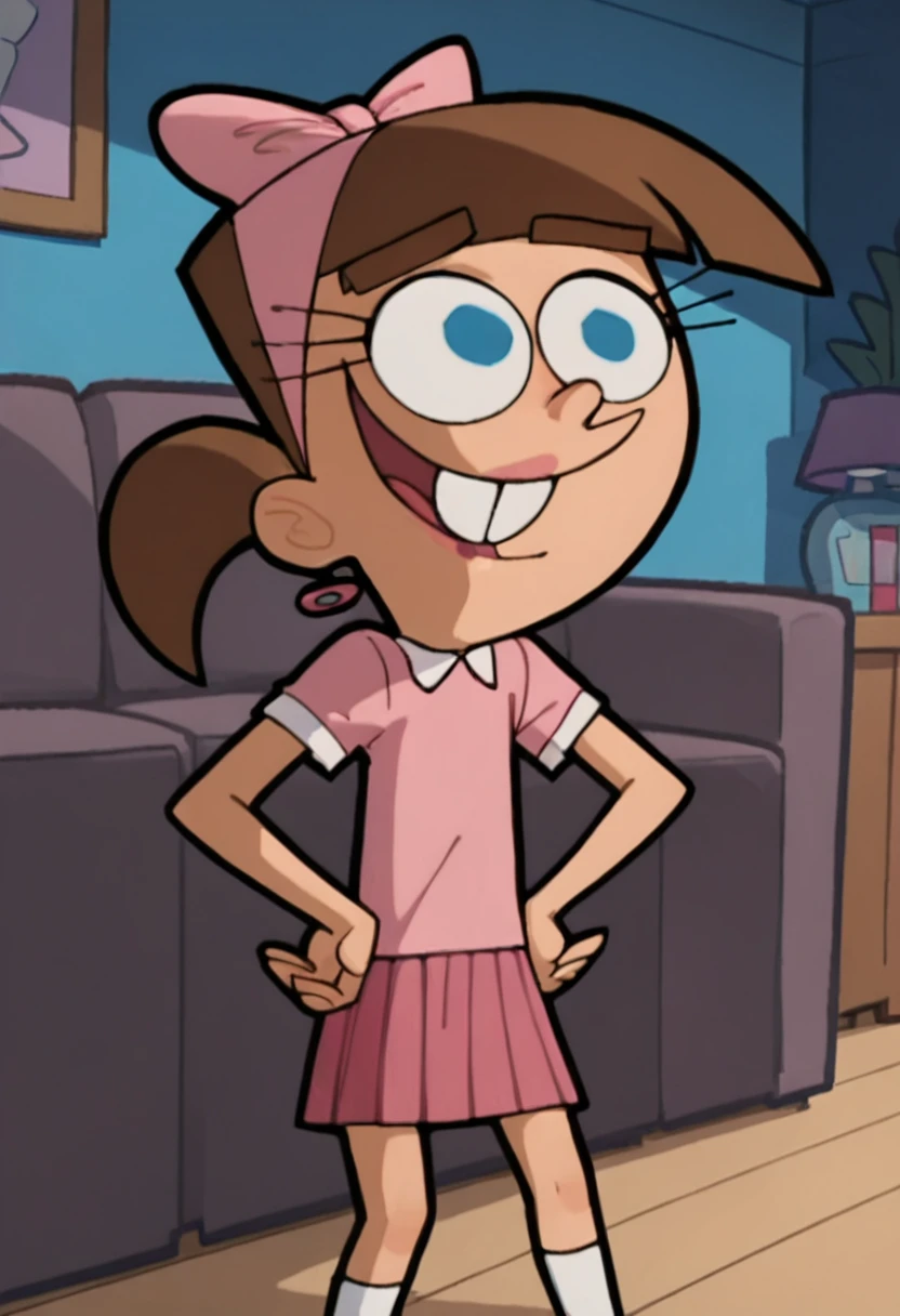 Score_9_up, score_8_up, score_7_up, 1girl, timanthatfp, brown hair, pink shirt, hair bow, blue eyes, earrings, pink pleated skirt, hands on hip, bedroom, Expressiveh, smiling, sitting on sofa, hands on knees,