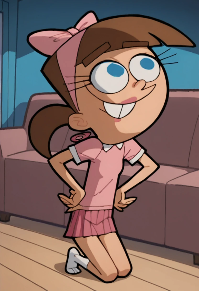 Score_9_up, score_8_up, score_7_up, 1girl, timanthatfp, brown hair, pink shirt, hair bow, blue eyes, earrings, pink pleated skirt, hands on hip, bedroom, Expressiveh, smiling, sitting on sofa, hands on knees,