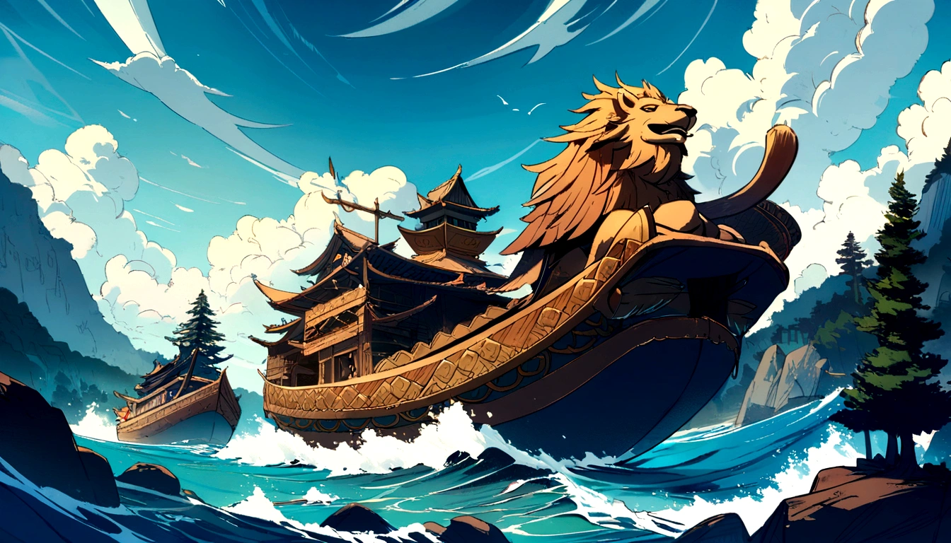 A warrior, fully body, rear view, paisagem de fantasia, mar, sea, ocean, sky white clouds, red lion boat, some pine trees, detailed 4K concept art, 8K