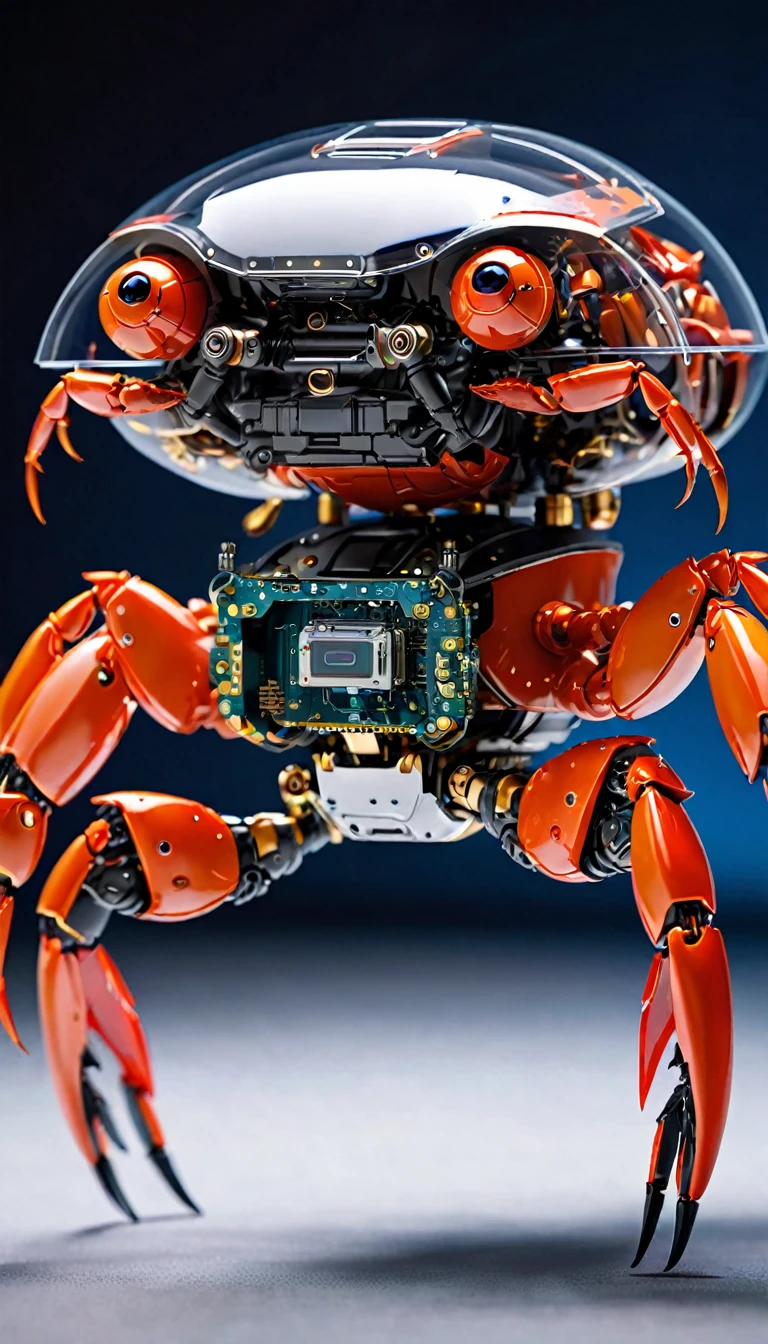 AI Crabbot While maintaining the realistic appearance of a crab、Partially transparent design allows you to see the internal mechanism。 A depiction of nanotechnology embedded within a robot&#39;s body。