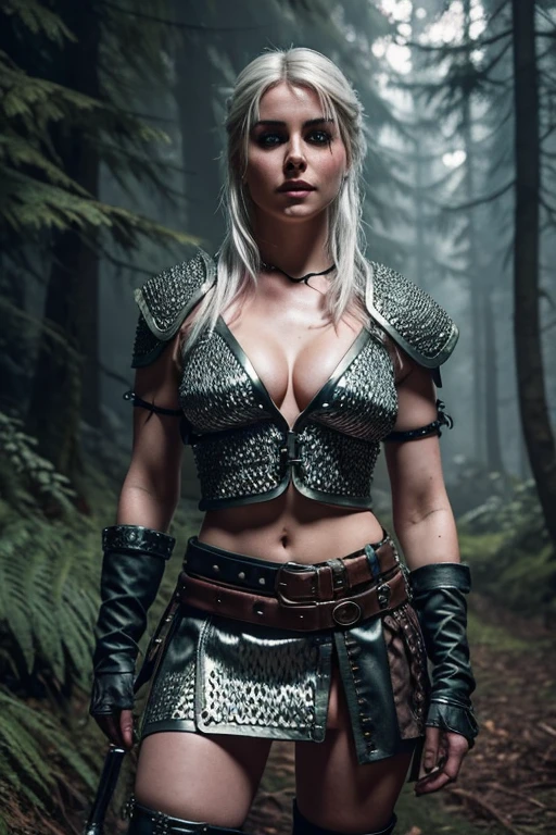 Ciri from The Witcher in the forest. In a metal chainmail top covering only the chest. bare belly, naked body, bare legs. Chainmail skirt made of short plates, looks vulgarly erotic, miniskirt very short skirt like an iron chain mail belt erotic art 3D against a forest background, realism super realism porn hentai erotica