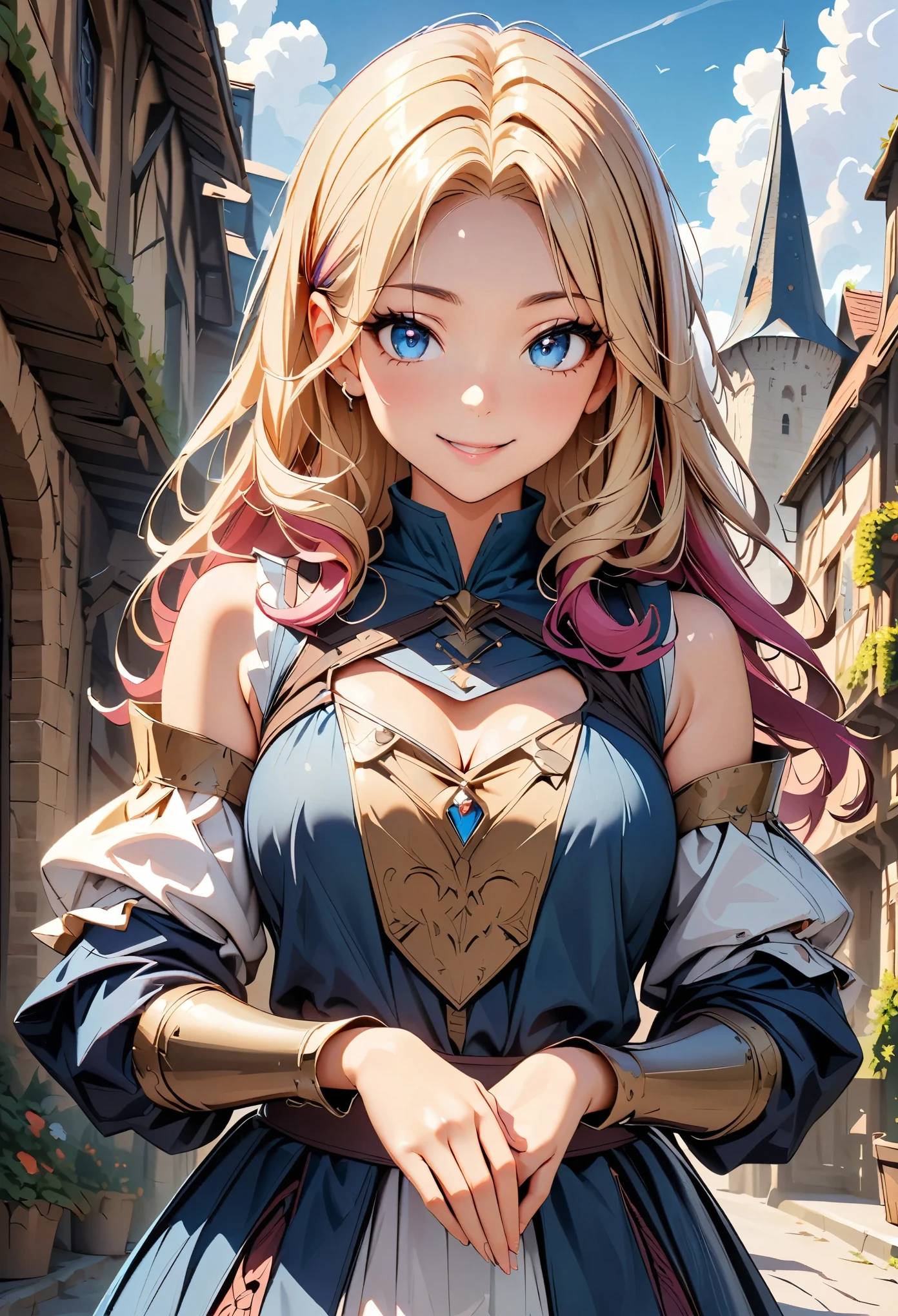 Woman with colored hair and detailed armor in medieval paladin dress, Beautiful detailed eyes, Beautiful detailed lips, Highly detailed eyes and face, Long eyelashes, Accurate Fingers, Are standing, smile, Medieval town with castle in the background, (masterpiece:1.2, Highest quality, 4K, 8K, Ultra-high resolution, Super detailed), (Detailed digital illustration, Anime Style),