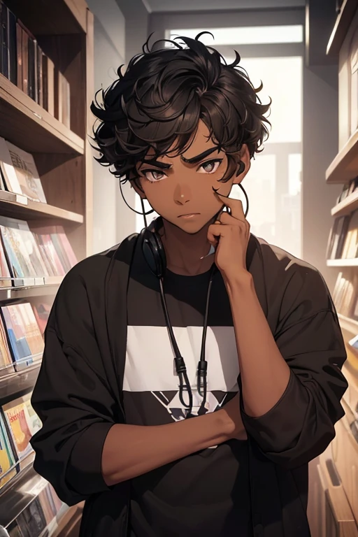 (alone boy), (1 boy), (16 year old teenager), (average physical height of a 16 year old teenager), (height 1.80), (young man), (short curly black hair), ( dark skin clay5:1.5),(Face Shape**: Oval), (- **Skin**: Light brown skin tone), (- **Hair**: Short, curly style, dark color) (- **Forehead**: Wide and slightly high) (- **Eyes**: Large, with discreet eyebrows) (- **Nose**: Medium, slightly wide) (- **Mouth**: Medium sized lips) (- **Ears**: Visible, medium size) , (- **Chin**: Soft, slightly rounded), (- **Facial Expression**: Neutral, slightly serious) (- **Special Instructions**: Add a cartoonish touch by slightly exaggerating facial proportions, especially the eyes and chin, while maintaining a friendly appearance.),(Easy appearance of 16-year-old teenager), (Wearing), +, (stylish black pants and stylish black jacket), (facial features that resemble the person in the photo: round face, medium-sized brown eyes, thick eyebrows and medium hair, big nose) , (slightly plump lips), (wearing headphones)