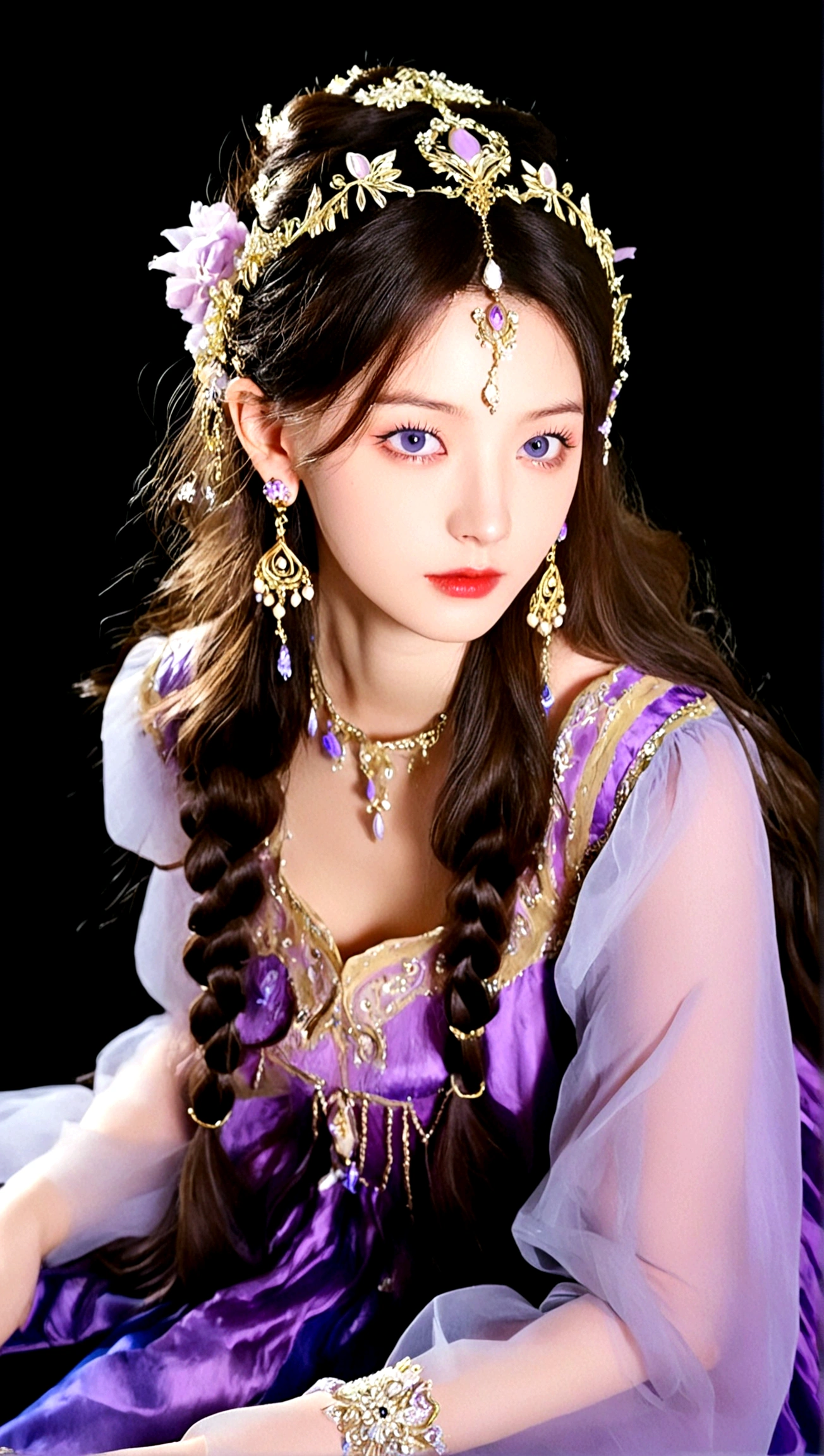 1girl, solo, long hair, looking at viewer, blue eyes, brown hair, black hair, hair ornament, dress, sitting, earrings, detached sleeves, black background, purple dress