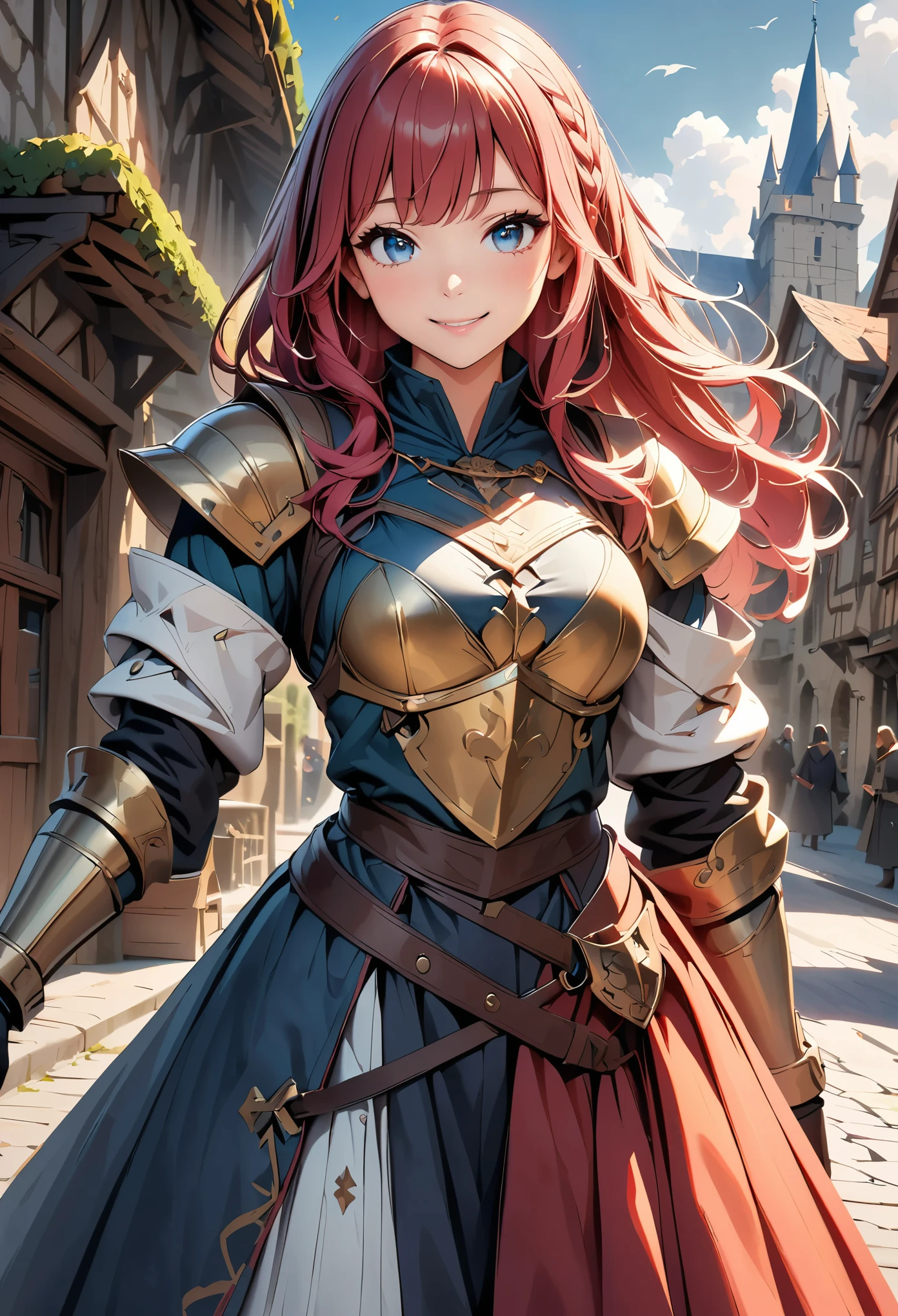 Woman with colored hair and detailed armor in medieval paladin dress, Beautiful detailed eyes, Beautiful detailed lips, Highly detailed eyes and face, Long eyelashes, Accurate Fingers, Are standing, smile, Medieval town with castle in the background, (masterpiece:1.2, Highest quality, 4K, 8K, Ultra-high resolution, Super detailed), (Detailed digital illustration, Anime Style),