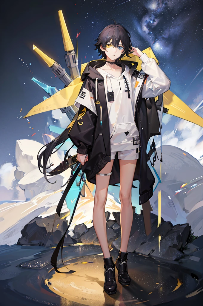Background: Galaxy A boy around 7 with black hair, cyan and yellow heterochromia, light emitting from his eyes, wearing a black hoodie