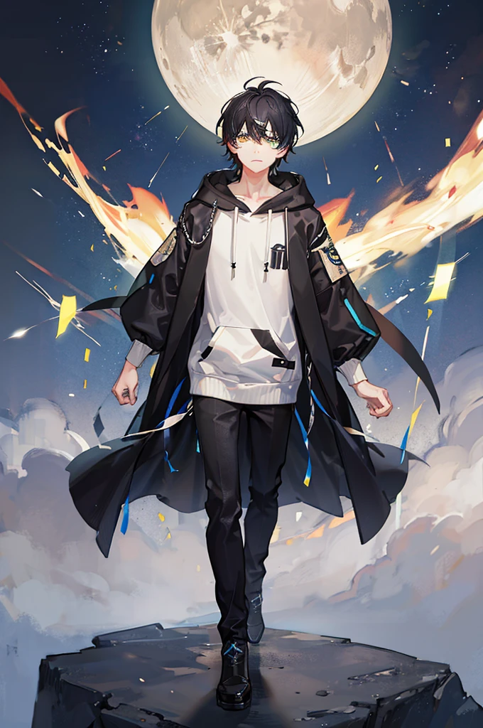 Background: Galaxy A boy around 7 years old with black hair, cyan and yellow heterochromia, light emitting from his eyes, wearing a black hoodie