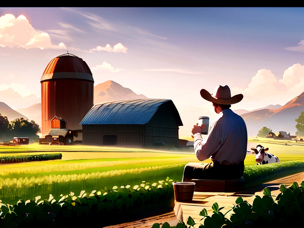 pixar-style: man farmer drinking milk sitting beside white cow . Farm .