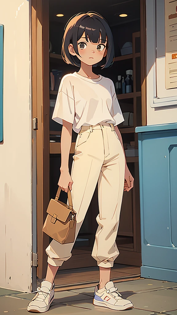  with fringe, , in a white t-shirt and beige pants and white shoes 