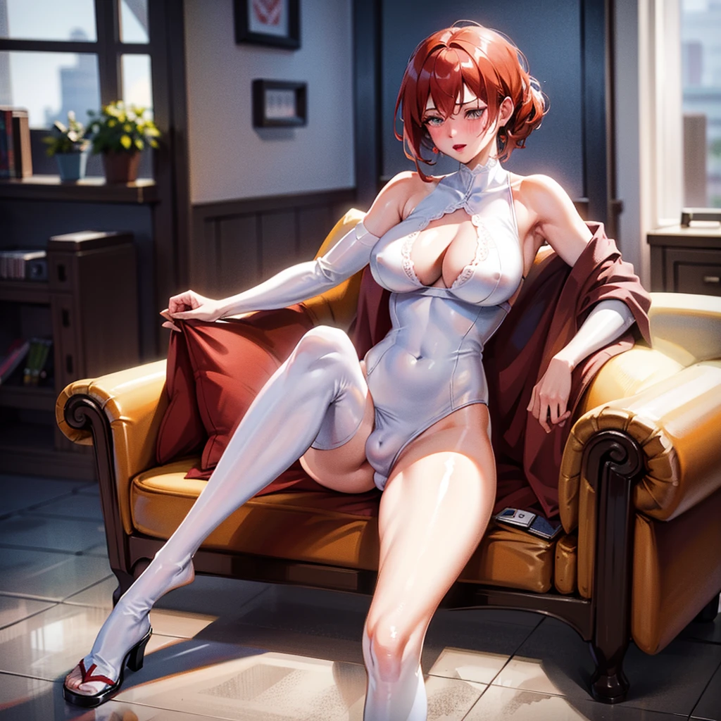 Masterpiece, hi res, absurdres, Best Quality, 4K, detailed, HD, solo, mature female, milf, tall, huge breasts, prominent lips, red lipstick,curvy, short red hair, bulging crotch,male, large bulge,bulge, daddy, blushing, looking away, white blouse, blue jeans,